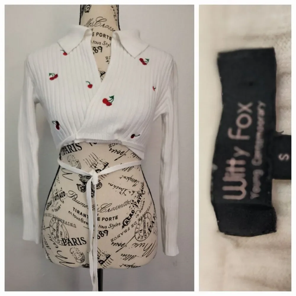 Witty Fox Pale White Cherry Micro Wrap Crop Cardigan Size Small Balletcore